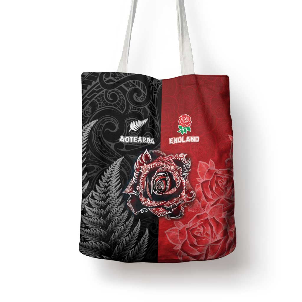 New Zealand And England Rugby Tote Bag Red Rose Mix Maori Pattern - Wonder Print Shop