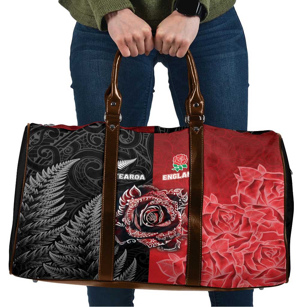 New Zealand And England Rugby Travel Bag Red Rose Mix Maori Pattern - Wonder Print Shop