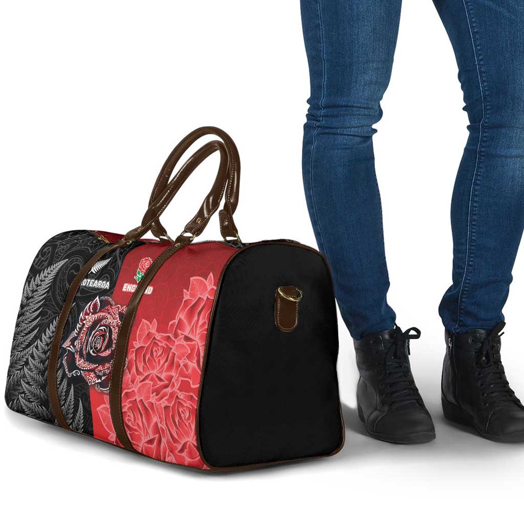New Zealand And England Rugby Travel Bag Red Rose Mix Maori Pattern - Wonder Print Shop