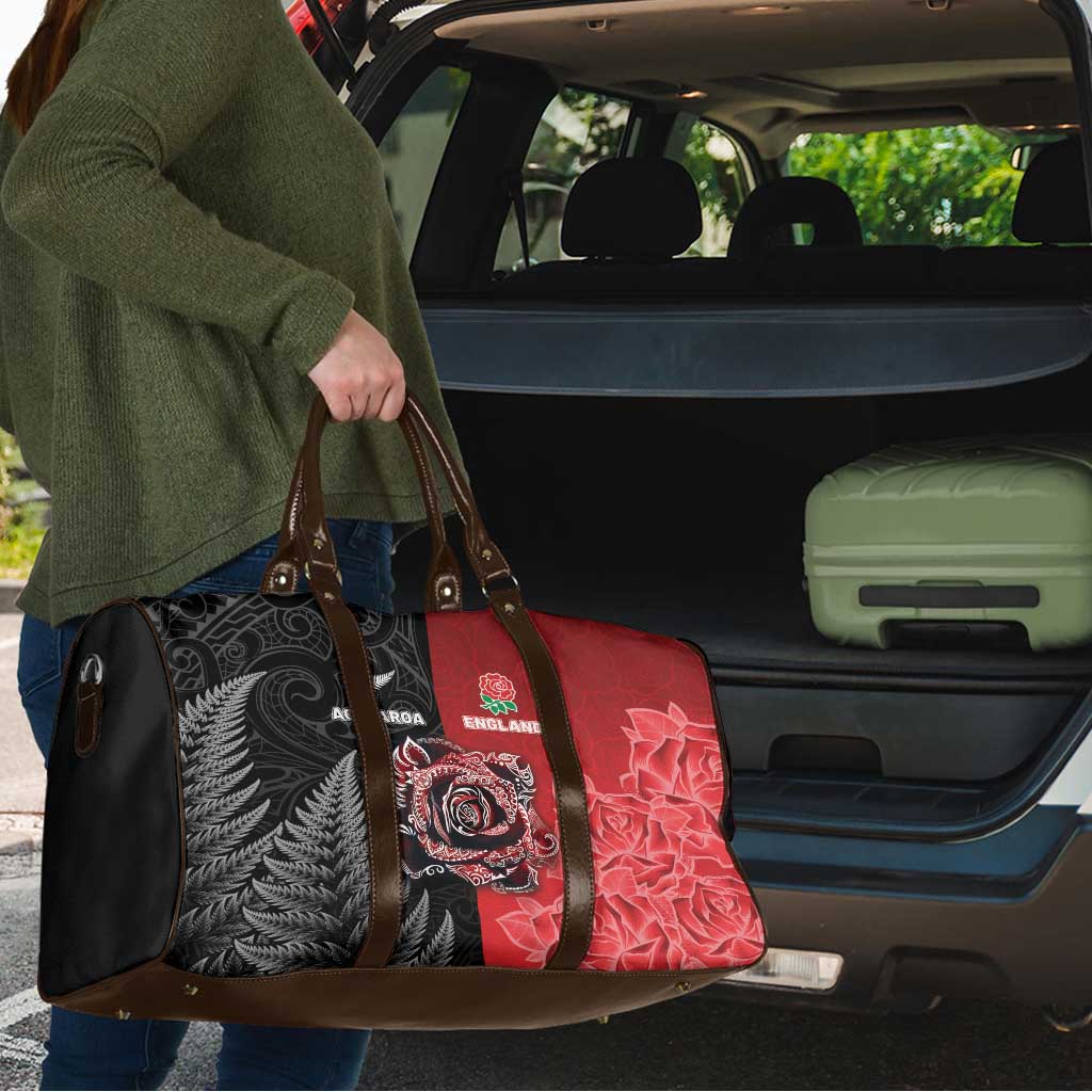 New Zealand And England Rugby Travel Bag Red Rose Mix Maori Pattern - Wonder Print Shop