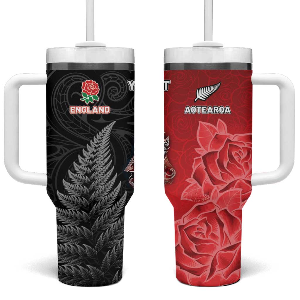 New Zealand And England Rugby Custom Tumbler With Handle Red Rose Mix Maori Pattern - Wonder Print Shop