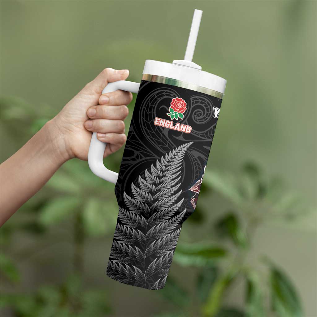 New Zealand And England Rugby Custom Tumbler With Handle Red Rose Mix Maori Pattern - Wonder Print Shop