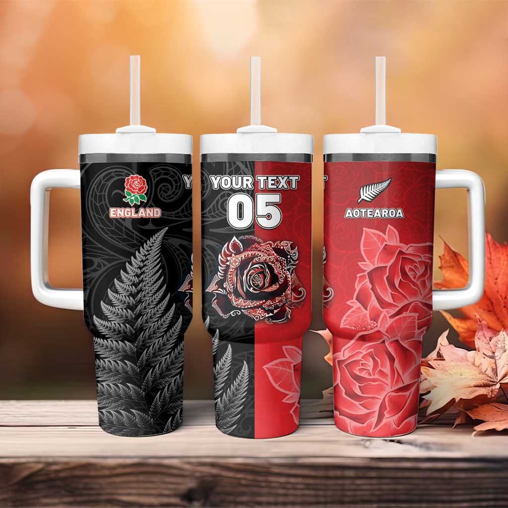 New Zealand And England Rugby Custom Tumbler With Handle Red Rose Mix Maori Pattern - Wonder Print Shop