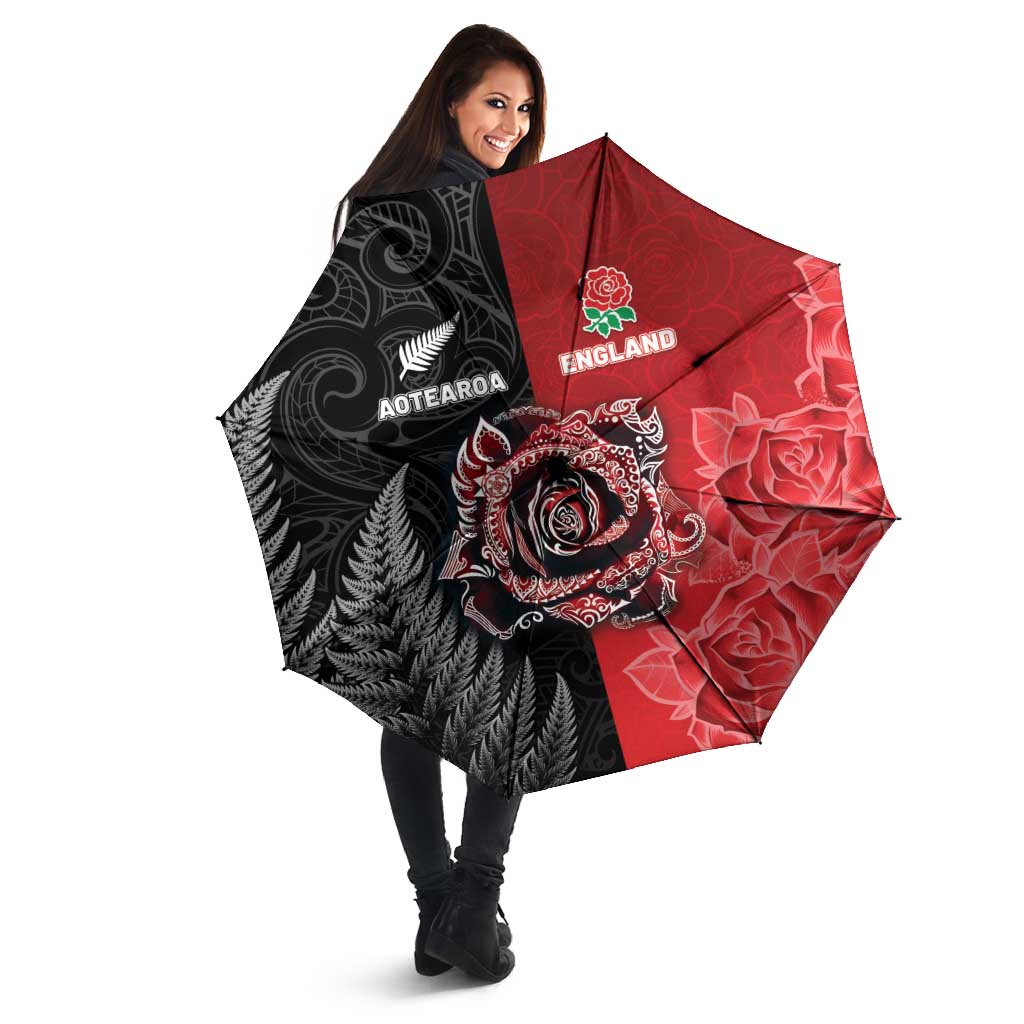 New Zealand And England Rugby Umbrella Red Rose Mix Maori Pattern - Wonder Print Shop