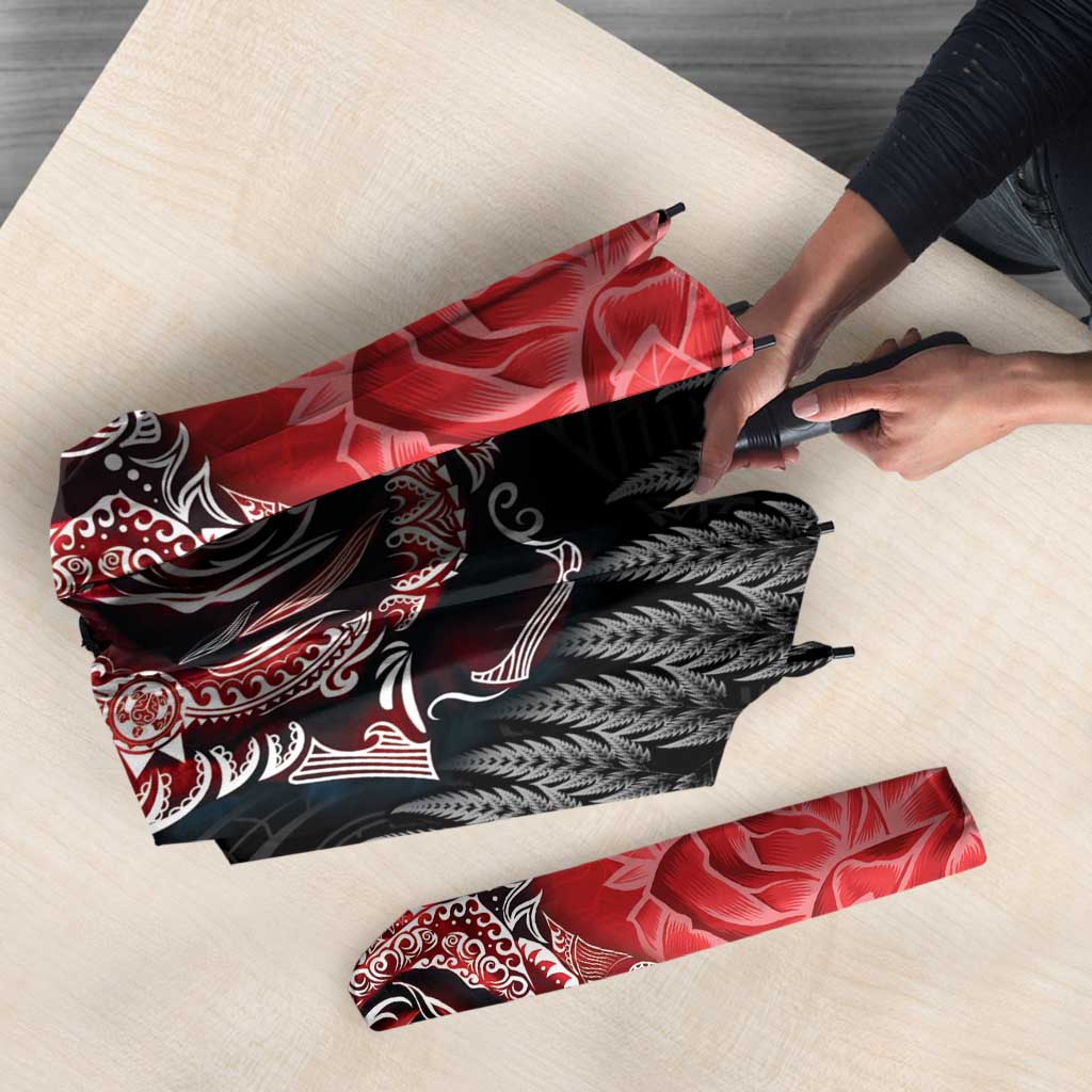 New Zealand And England Rugby Umbrella Red Rose Mix Maori Pattern - Wonder Print Shop