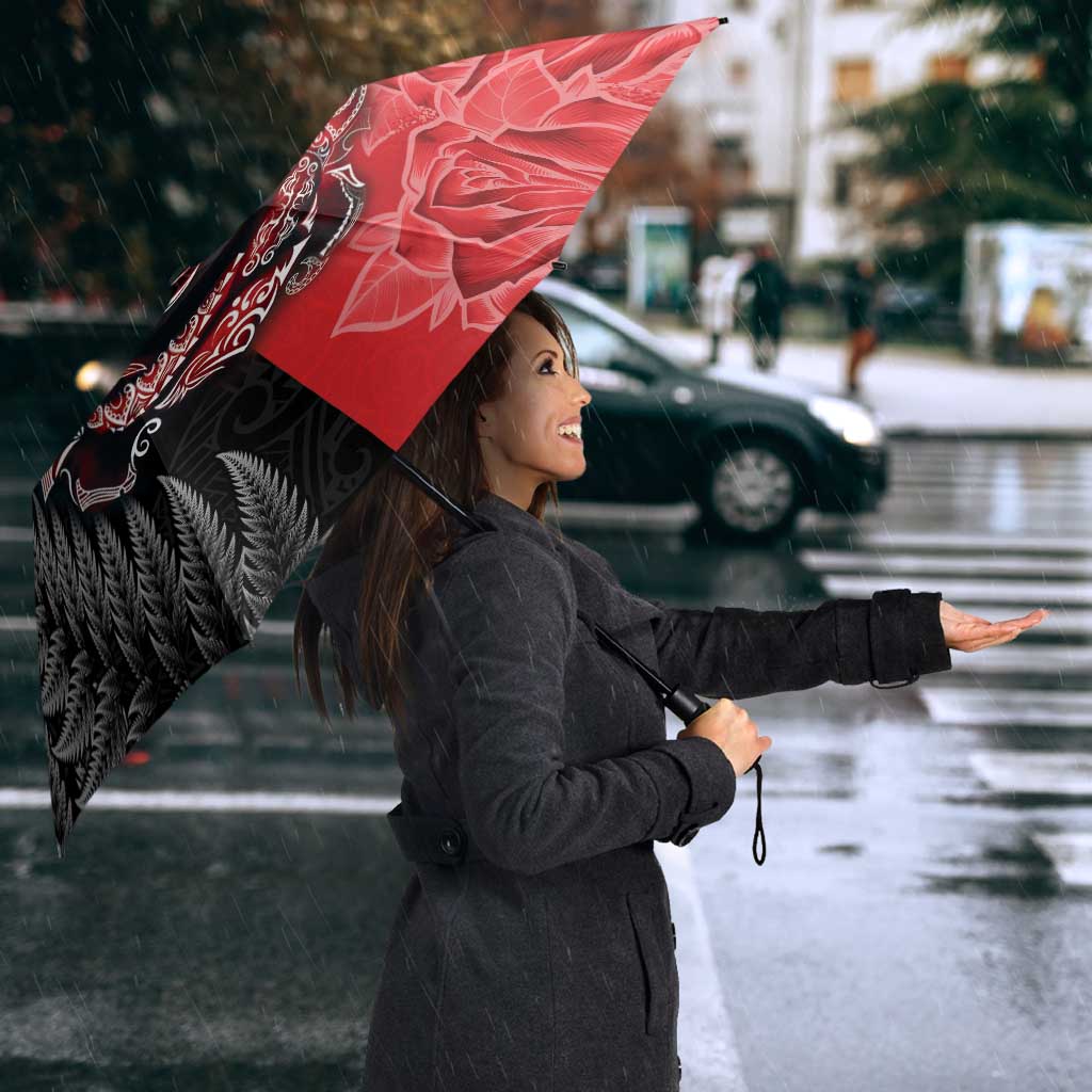 New Zealand And England Rugby Umbrella Red Rose Mix Maori Pattern - Wonder Print Shop