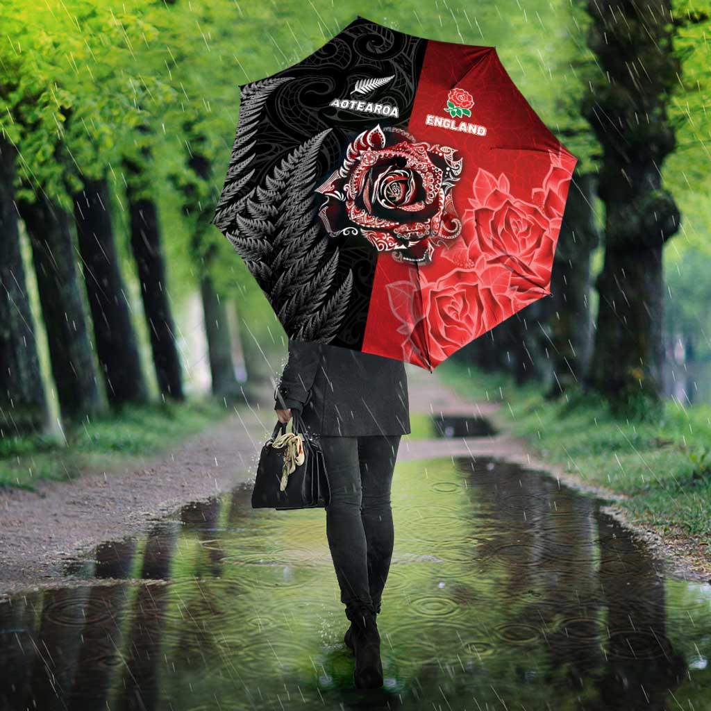 New Zealand And England Rugby Umbrella Red Rose Mix Maori Pattern - Wonder Print Shop