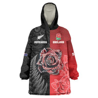 New Zealand And England Rugby Custom Wearable Blanket Hoodie Red Rose Mix Maori Pattern - Wonder Print Shop
