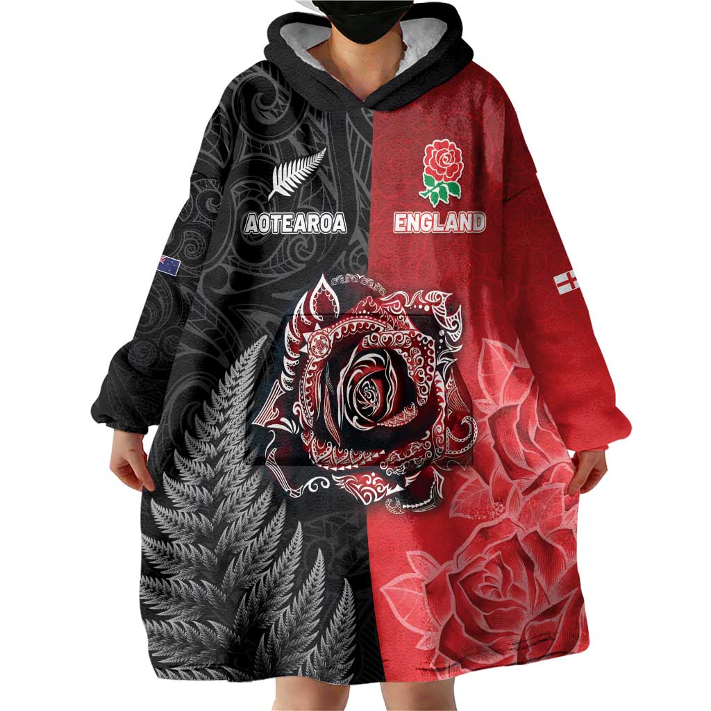 New Zealand And England Rugby Custom Wearable Blanket Hoodie Red Rose Mix Maori Pattern - Wonder Print Shop