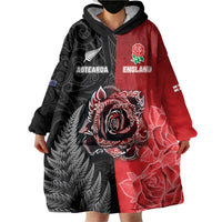 New Zealand And England Rugby Custom Wearable Blanket Hoodie Red Rose Mix Maori Pattern - Wonder Print Shop