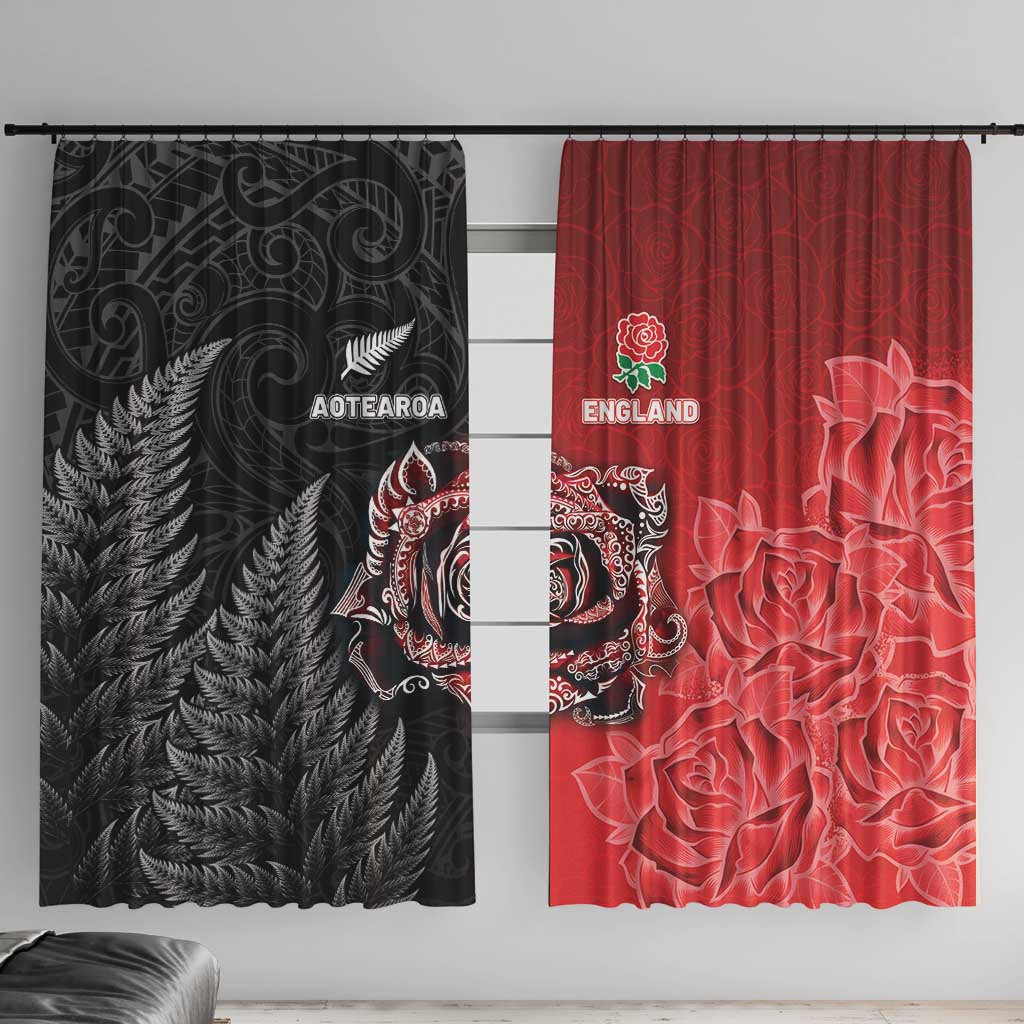 New Zealand And England Rugby Window Curtain Red Rose Mix Maori Pattern - Wonder Print Shop