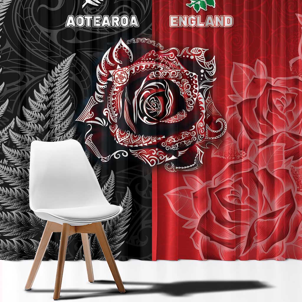 New Zealand And England Rugby Window Curtain Red Rose Mix Maori Pattern - Wonder Print Shop