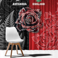New Zealand And England Rugby Window Curtain Red Rose Mix Maori Pattern - Wonder Print Shop