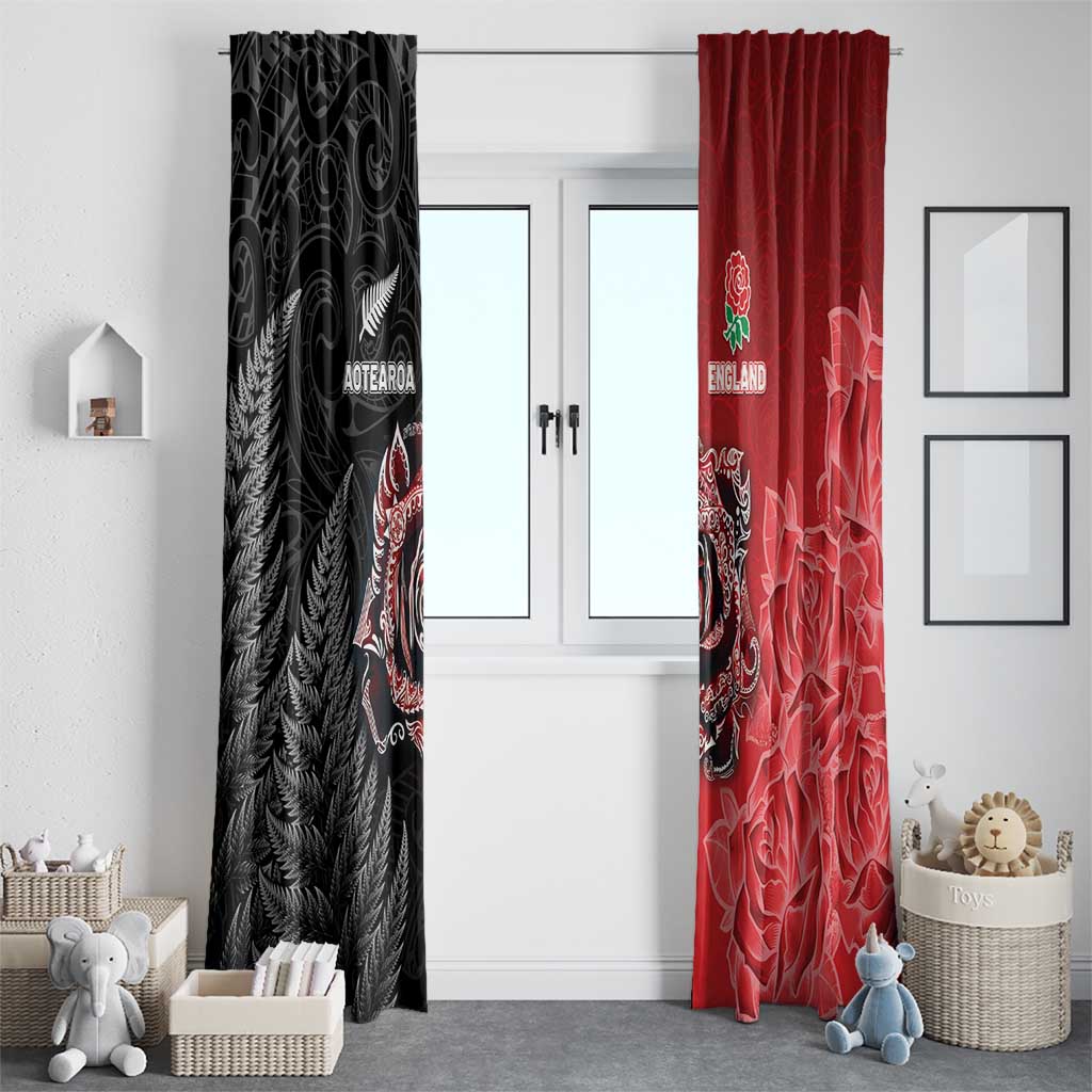 New Zealand And England Rugby Window Curtain Red Rose Mix Maori Pattern - Wonder Print Shop