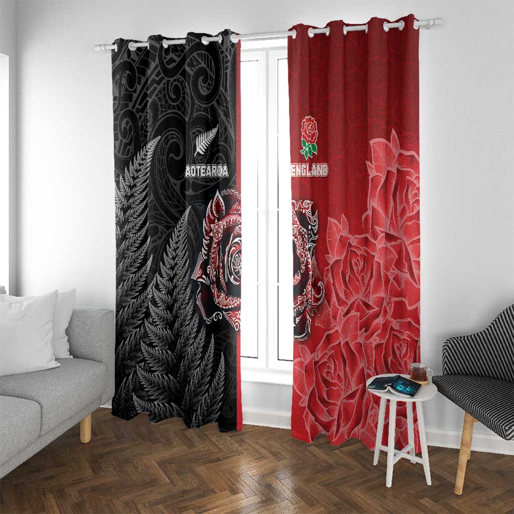 New Zealand And England Rugby Window Curtain Red Rose Mix Maori Pattern - Wonder Print Shop