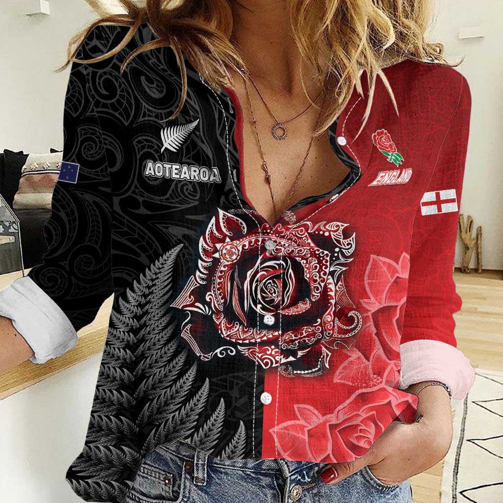 New Zealand And England Rugby Custom Women Casual Shirt Red Rose Mix Maori Pattern - Wonder Print Shop