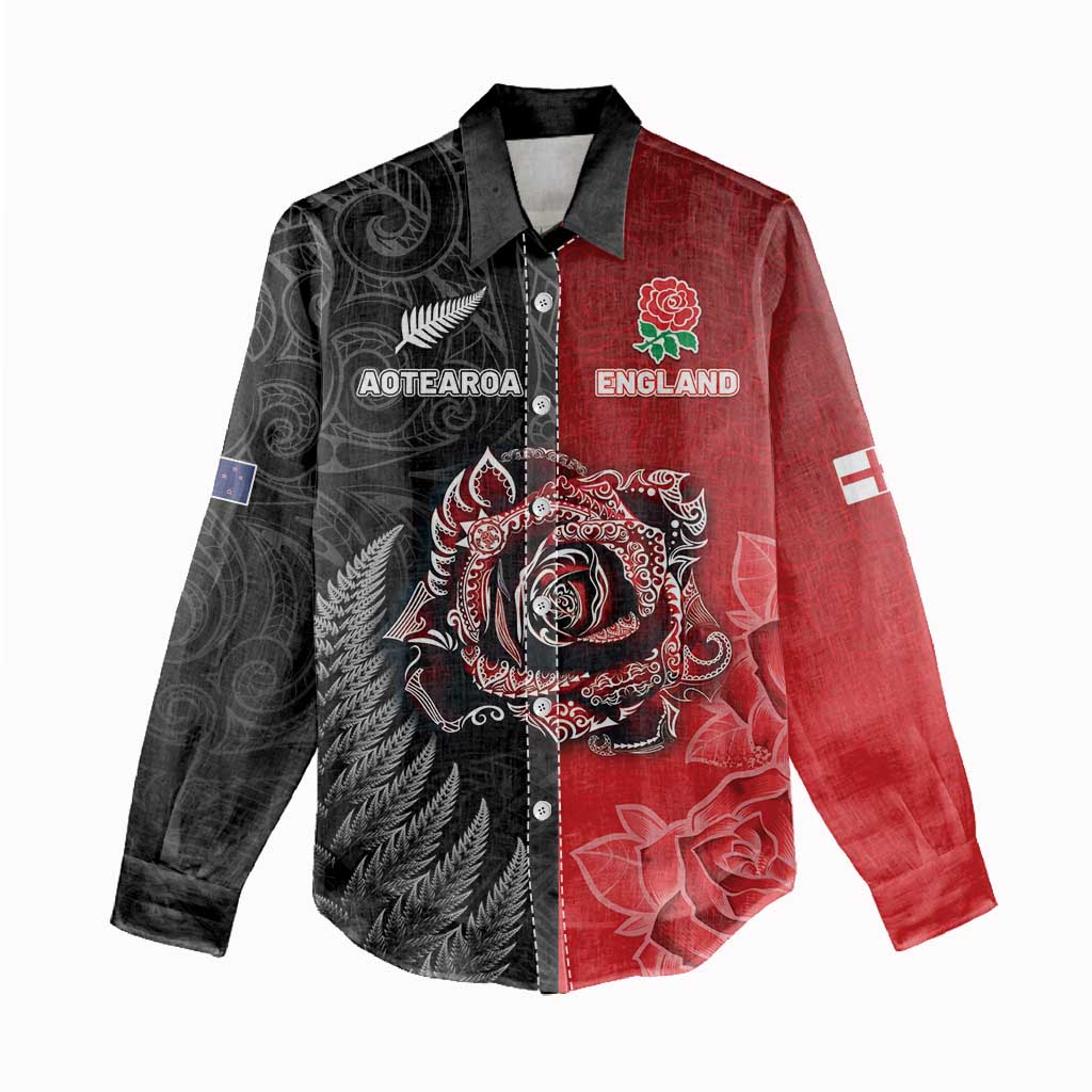 New Zealand And England Rugby Custom Women Casual Shirt Red Rose Mix Maori Pattern - Wonder Print Shop