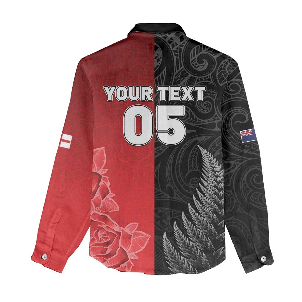 New Zealand And England Rugby Custom Women Casual Shirt Red Rose Mix Maori Pattern - Wonder Print Shop