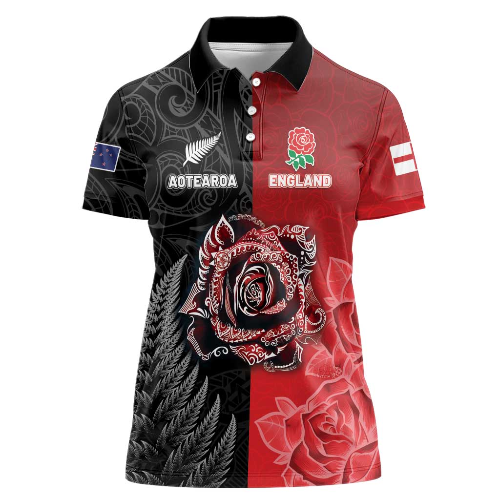 New Zealand And England Rugby Custom Women Polo Shirt Red Rose Mix Maori Pattern - Wonder Print Shop