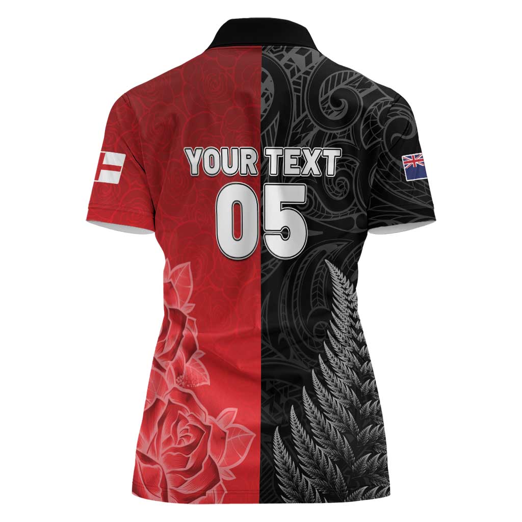 New Zealand And England Rugby Custom Women Polo Shirt Red Rose Mix Maori Pattern - Wonder Print Shop