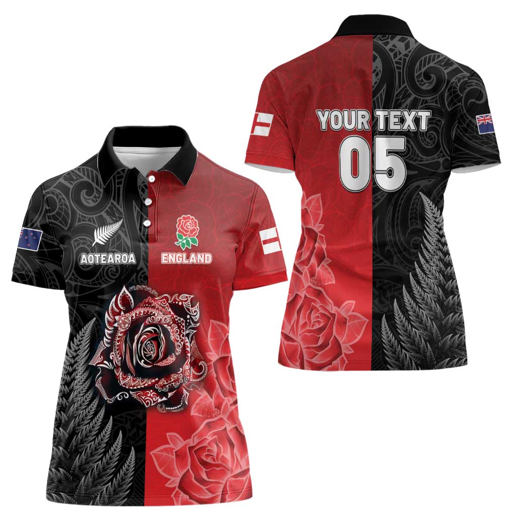 New Zealand And England Rugby Custom Women Polo Shirt Red Rose Mix Maori Pattern - Wonder Print Shop