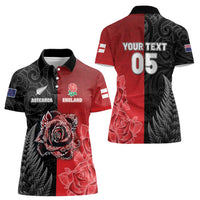 New Zealand And England Rugby Custom Women Polo Shirt Red Rose Mix Maori Pattern - Wonder Print Shop