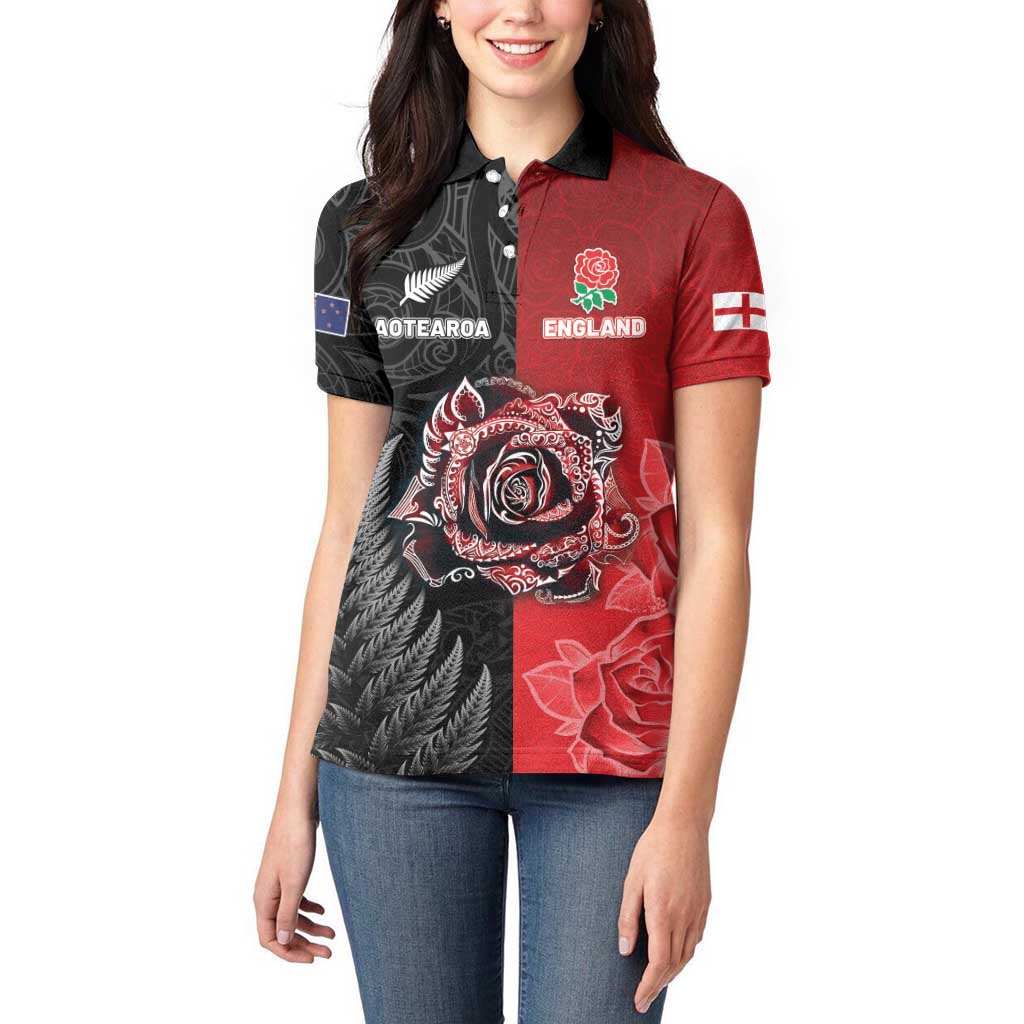 New Zealand And England Rugby Custom Women Polo Shirt Red Rose Mix Maori Pattern - Wonder Print Shop