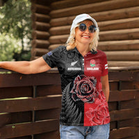 New Zealand And England Rugby Custom Women Polo Shirt Red Rose Mix Maori Pattern - Wonder Print Shop
