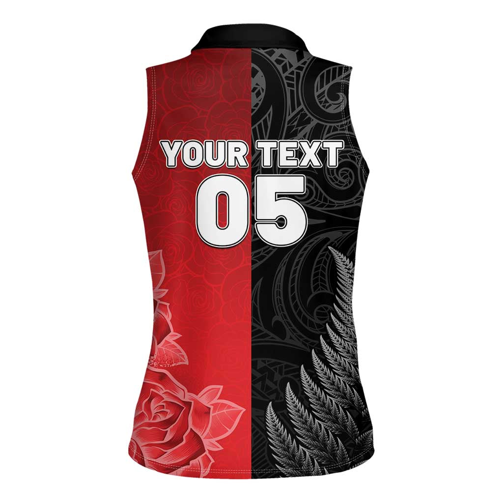 New Zealand And England Rugby Custom Women Sleeveless Polo Shirt Red Rose Mix Maori Pattern - Wonder Print Shop