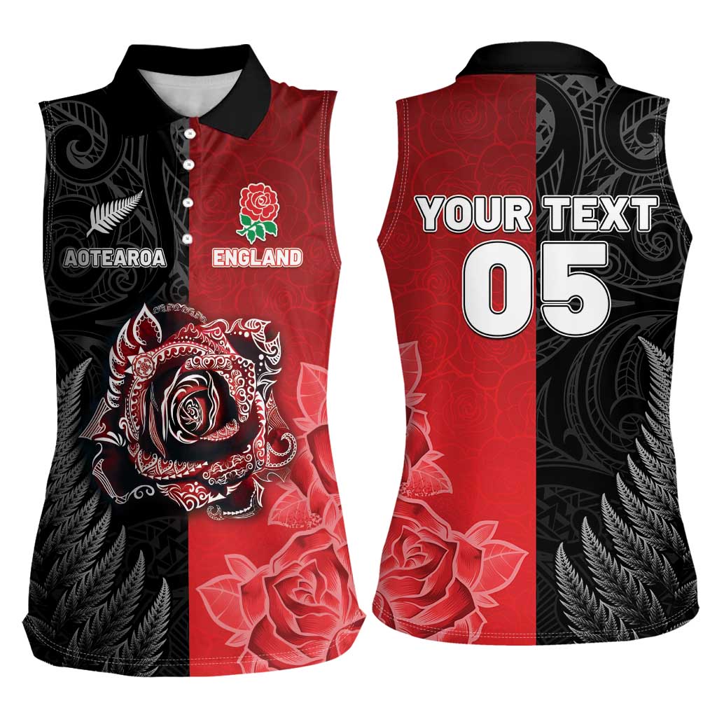 New Zealand And England Rugby Custom Women Sleeveless Polo Shirt Red Rose Mix Maori Pattern - Wonder Print Shop