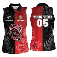 New Zealand And England Rugby Custom Women Sleeveless Polo Shirt Red Rose Mix Maori Pattern - Wonder Print Shop
