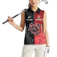New Zealand And England Rugby Custom Women Sleeveless Polo Shirt Red Rose Mix Maori Pattern - Wonder Print Shop
