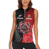 New Zealand And England Rugby Custom Women Sleeveless Polo Shirt Red Rose Mix Maori Pattern - Wonder Print Shop