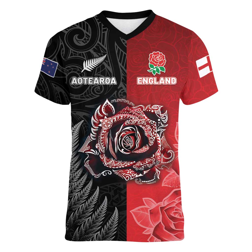 New Zealand And England Rugby Custom Women V-Neck T-Shirt Red Rose Mix Maori Pattern - Wonder Print Shop