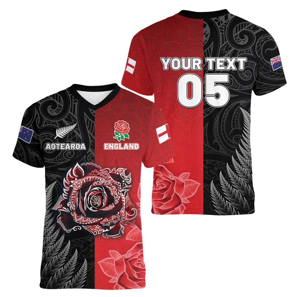New Zealand And England Rugby Custom Women V-Neck T-Shirt Red Rose Mix Maori Pattern - Wonder Print Shop