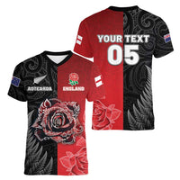 New Zealand And England Rugby Custom Women V-Neck T-Shirt Red Rose Mix Maori Pattern - Wonder Print Shop