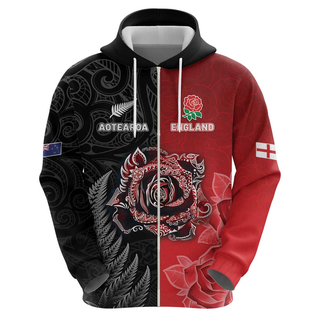 New Zealand And England Rugby Custom Zip Hoodie Red Rose Mix Maori Pattern - Wonder Print Shop
