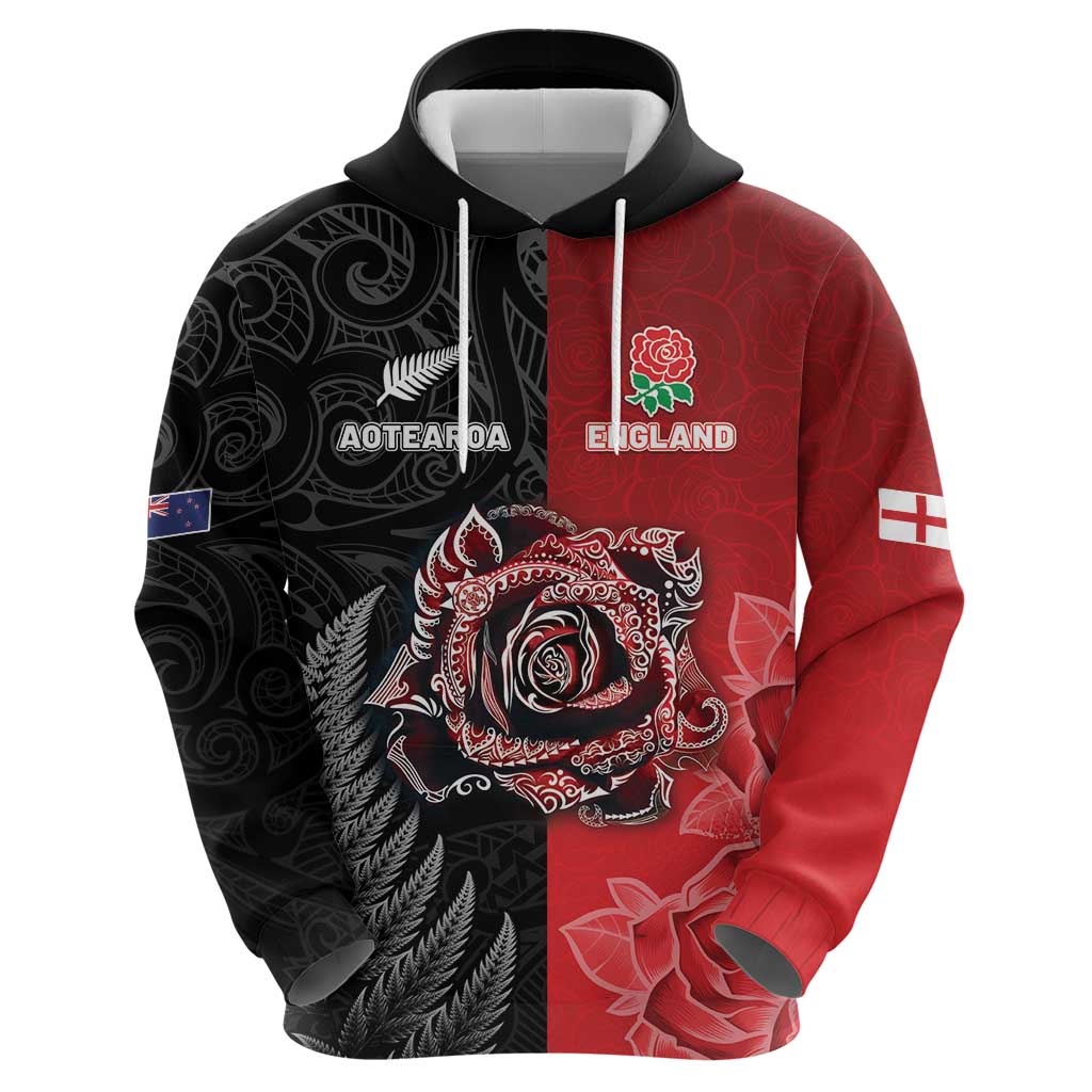 New Zealand And England Rugby Custom Zip Hoodie Red Rose Mix Maori Pattern - Wonder Print Shop