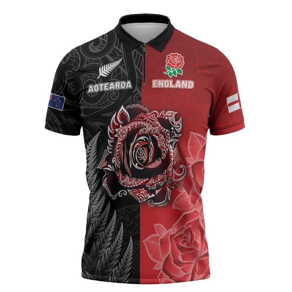 New Zealand And England Rugby Custom Zipper Polo Shirt Red Rose Mix Maori Pattern - Wonder Print Shop