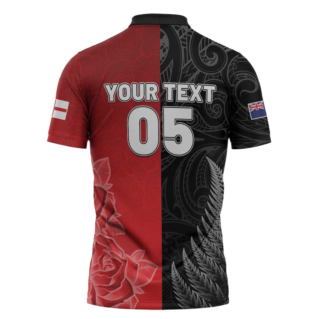 New Zealand And England Rugby Custom Zipper Polo Shirt Red Rose Mix Maori Pattern - Wonder Print Shop