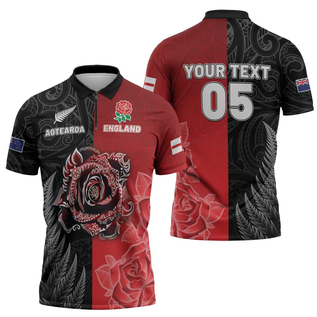 New Zealand And England Rugby Custom Zipper Polo Shirt Red Rose Mix Maori Pattern - Wonder Print Shop