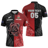 New Zealand And England Rugby Custom Zipper Polo Shirt Red Rose Mix Maori Pattern - Wonder Print Shop