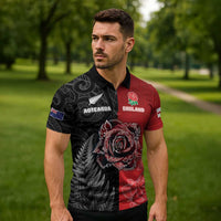 New Zealand And England Rugby Custom Zipper Polo Shirt Red Rose Mix Maori Pattern - Wonder Print Shop