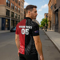 New Zealand And England Rugby Custom Zipper Polo Shirt Red Rose Mix Maori Pattern - Wonder Print Shop