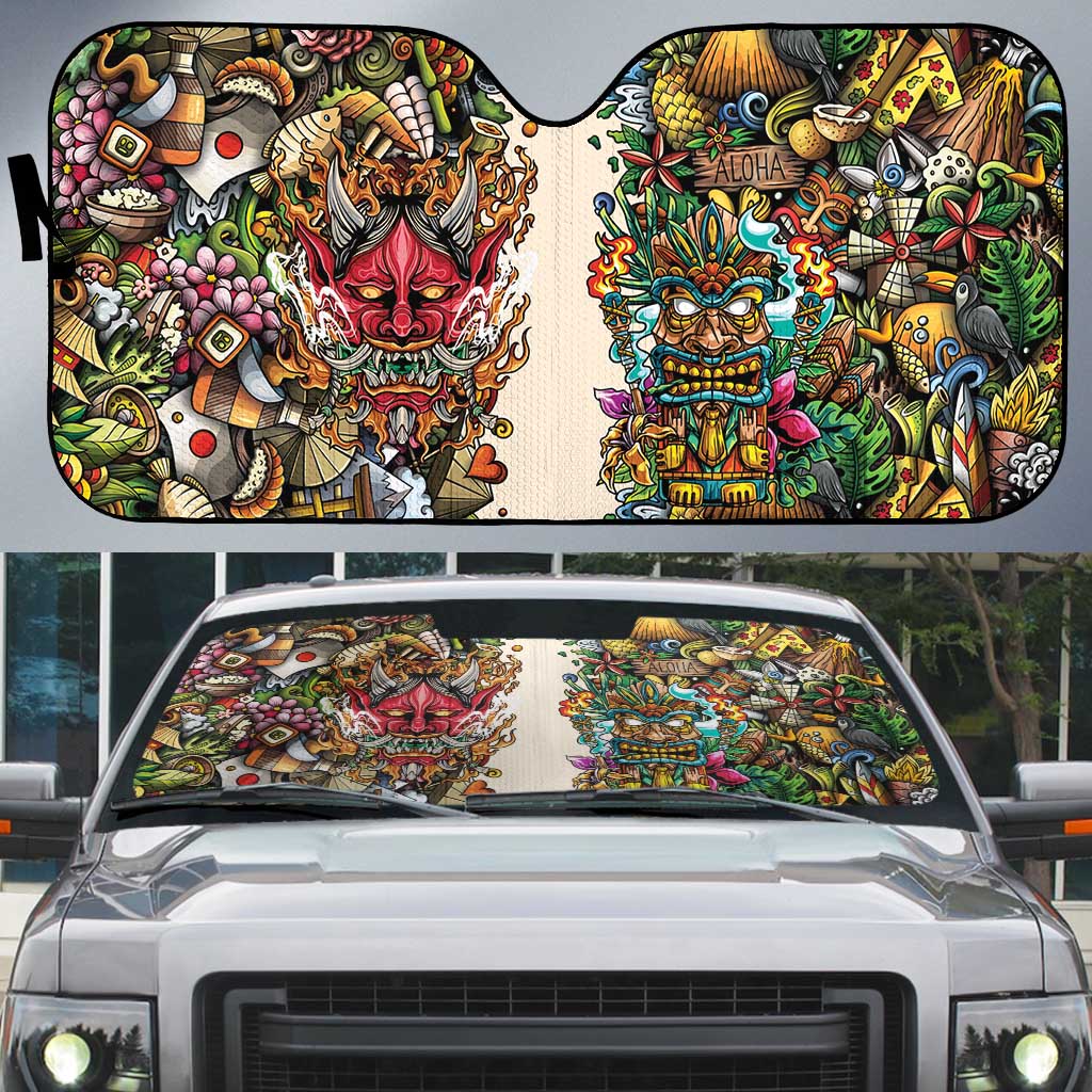 Hawaii And Japan Auto Sun Shade Tiki With Oni Mask - Wonder Print Shop