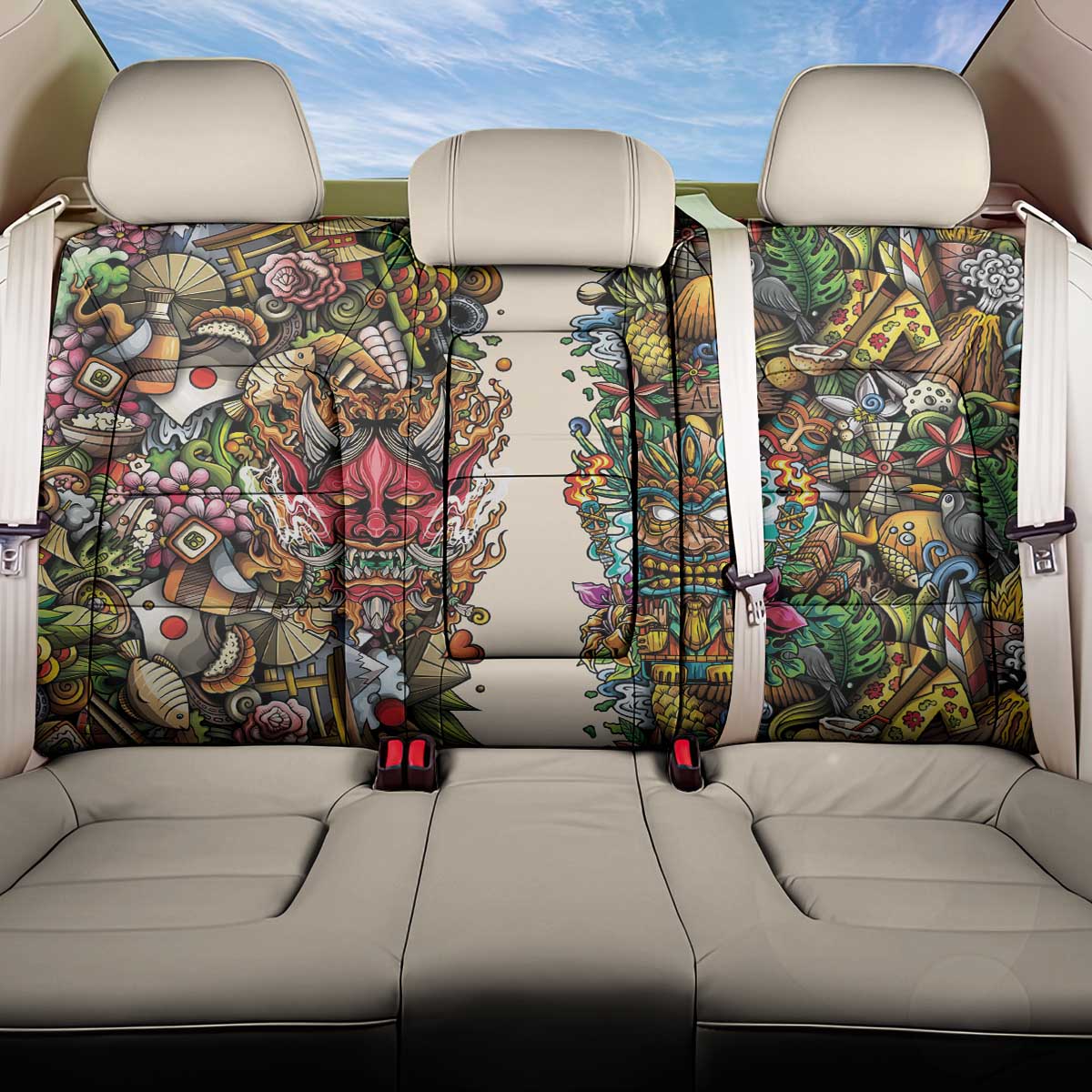Hawaii And Japan Back Car Seat Cover Tiki With Oni Mask - Wonder Print Shop