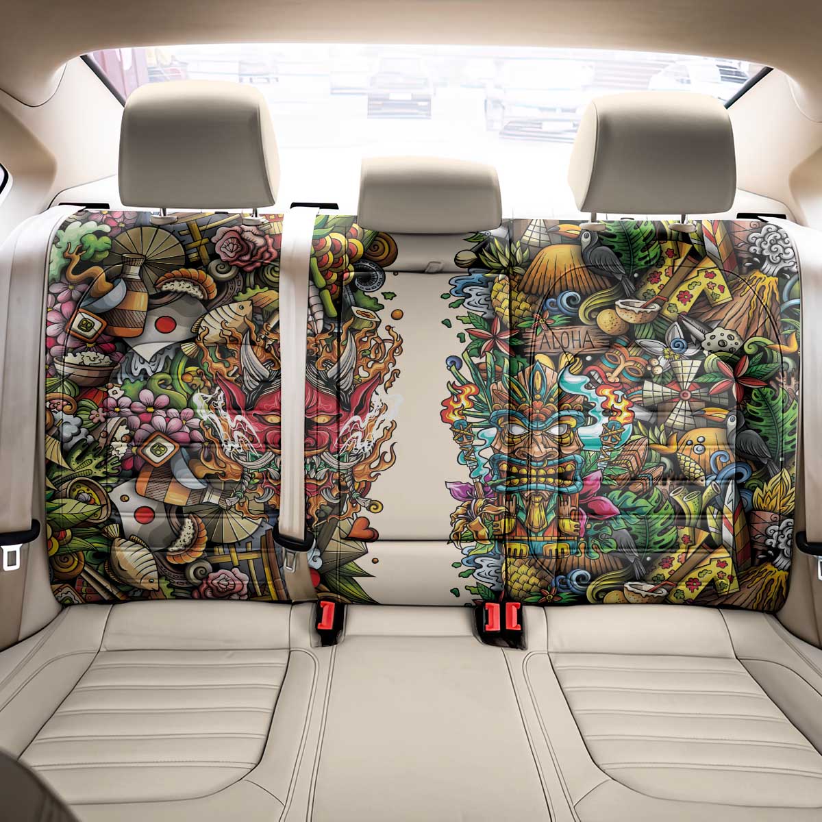 Hawaii And Japan Back Car Seat Cover Tiki With Oni Mask - Wonder Print Shop