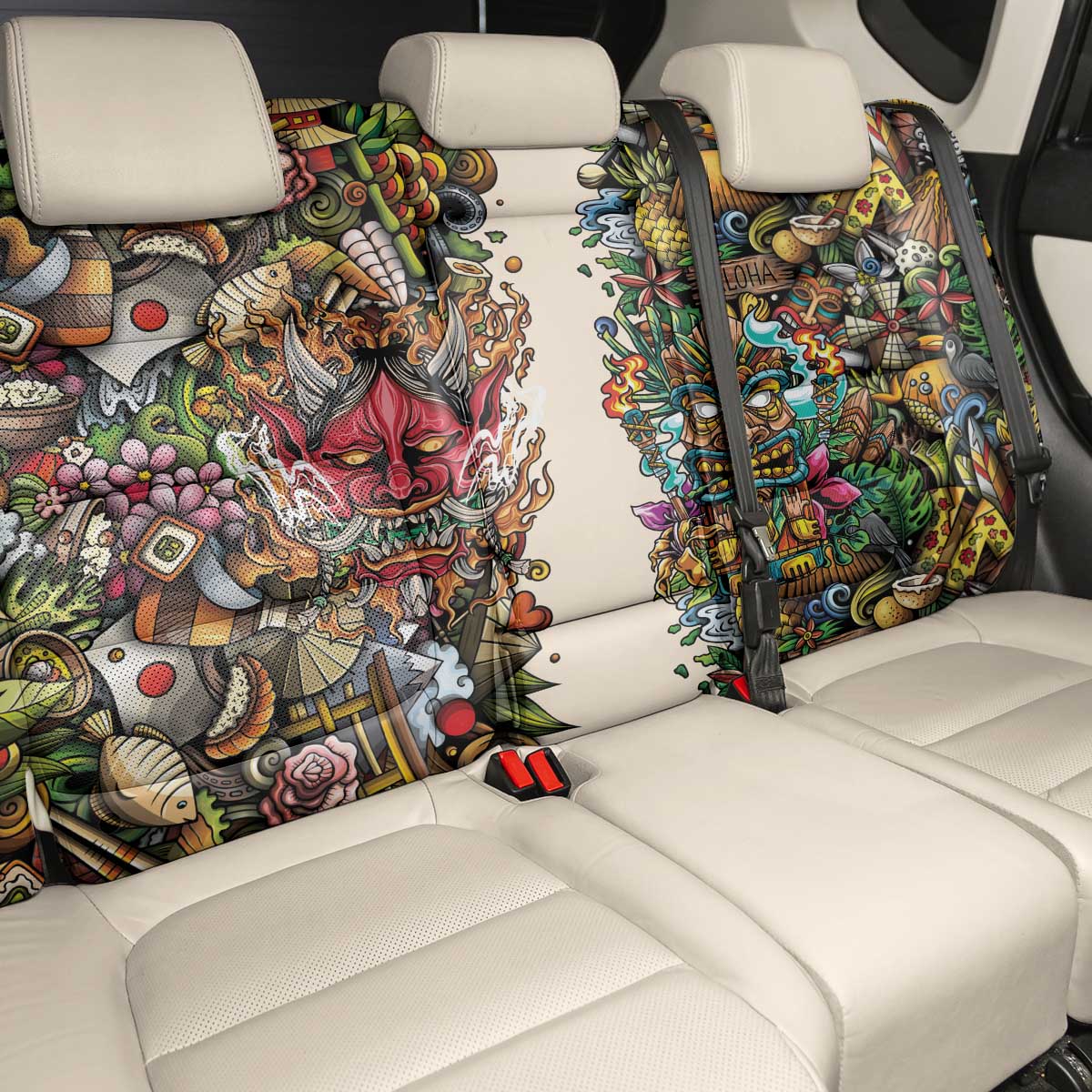 Hawaii And Japan Back Car Seat Cover Tiki With Oni Mask - Wonder Print Shop