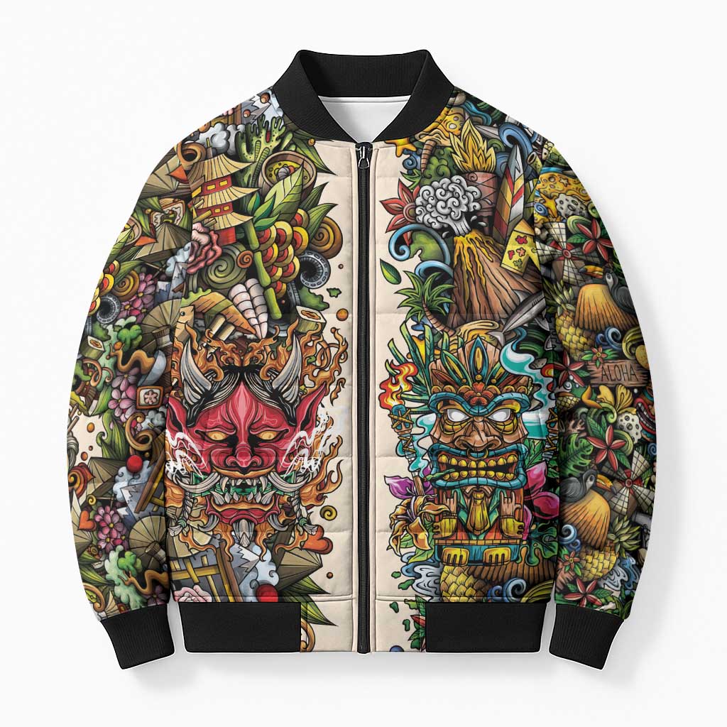 Hawaii And Japan Bomber Puffer Jacket Tiki With Oni Mask - Wonder Print Shop