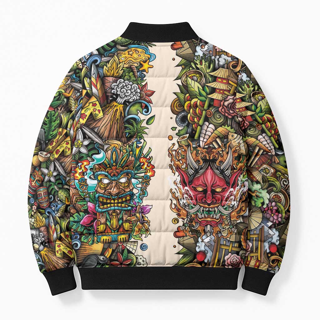 Hawaii And Japan Bomber Puffer Jacket Tiki With Oni Mask - Wonder Print Shop